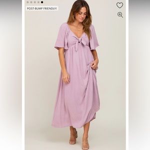 Maternity Textured Dot Front Tie Ruffle Sleeve Midi Dress